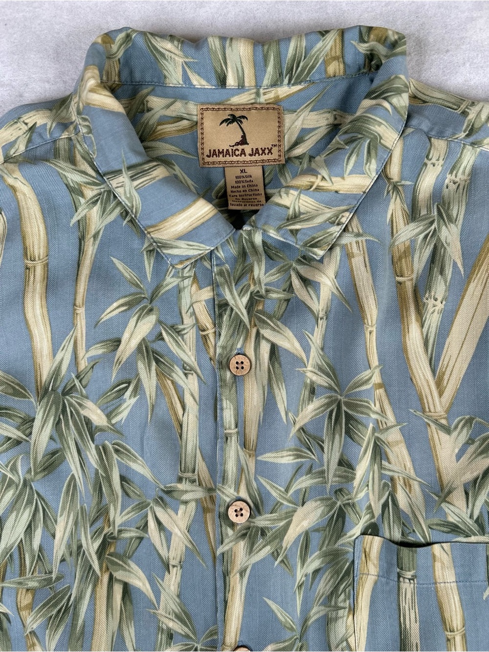 Jamaica Jaxx Shirt Mens XL Blue Bamboo 100% Silk Hawaiian Tropical Camp